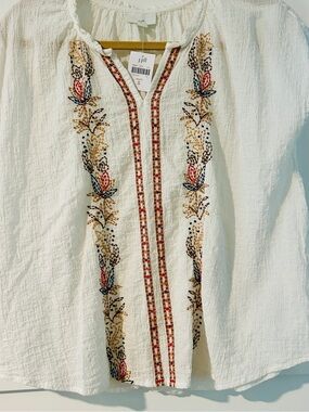 J. Jill White Gauze Top with Multicolor Embroidery